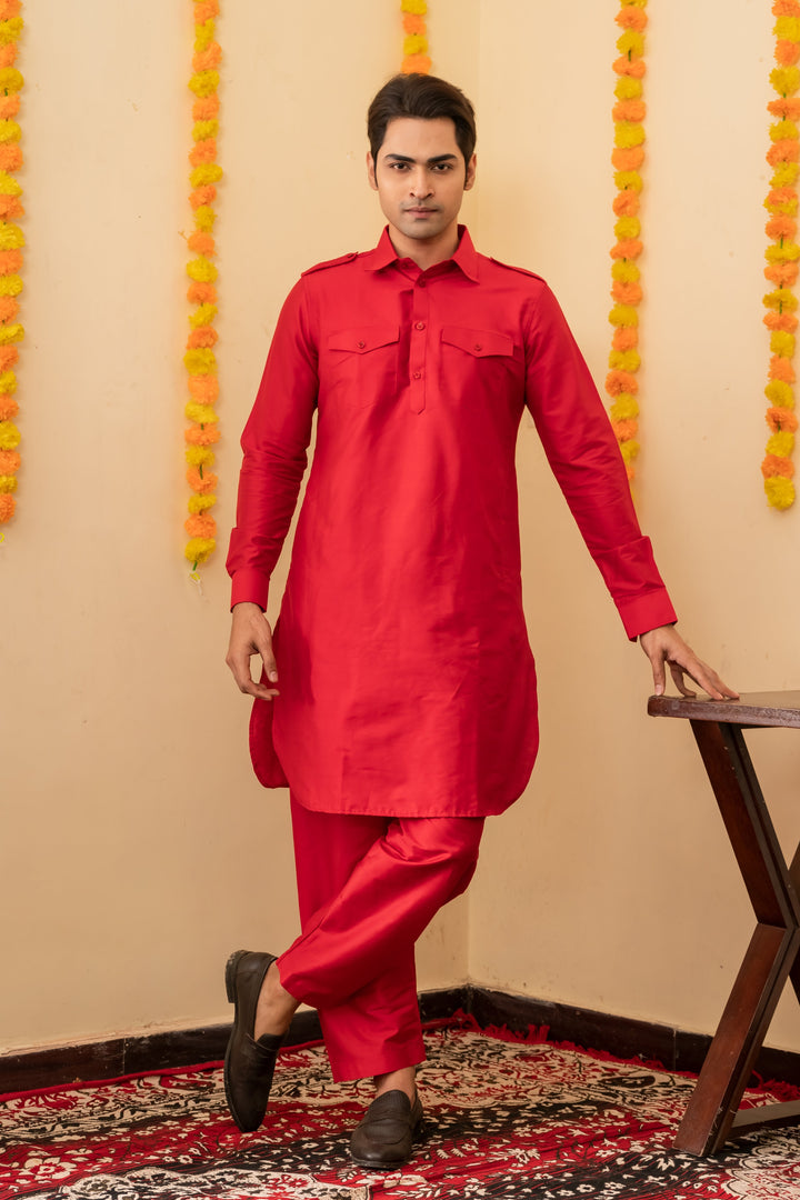 Laal Rang Pathani Viscose Kurta Set for Men | SHOBITAM