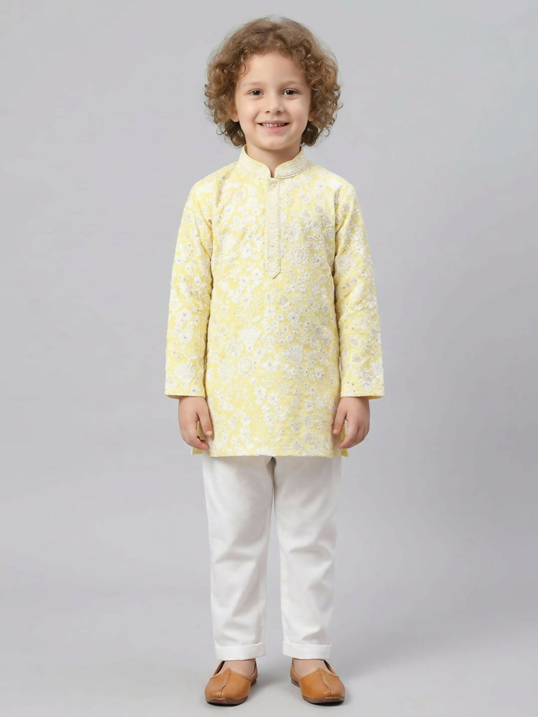 Boys Embroidered Light Yellow Kurta Pajama Set | SHOBITAM