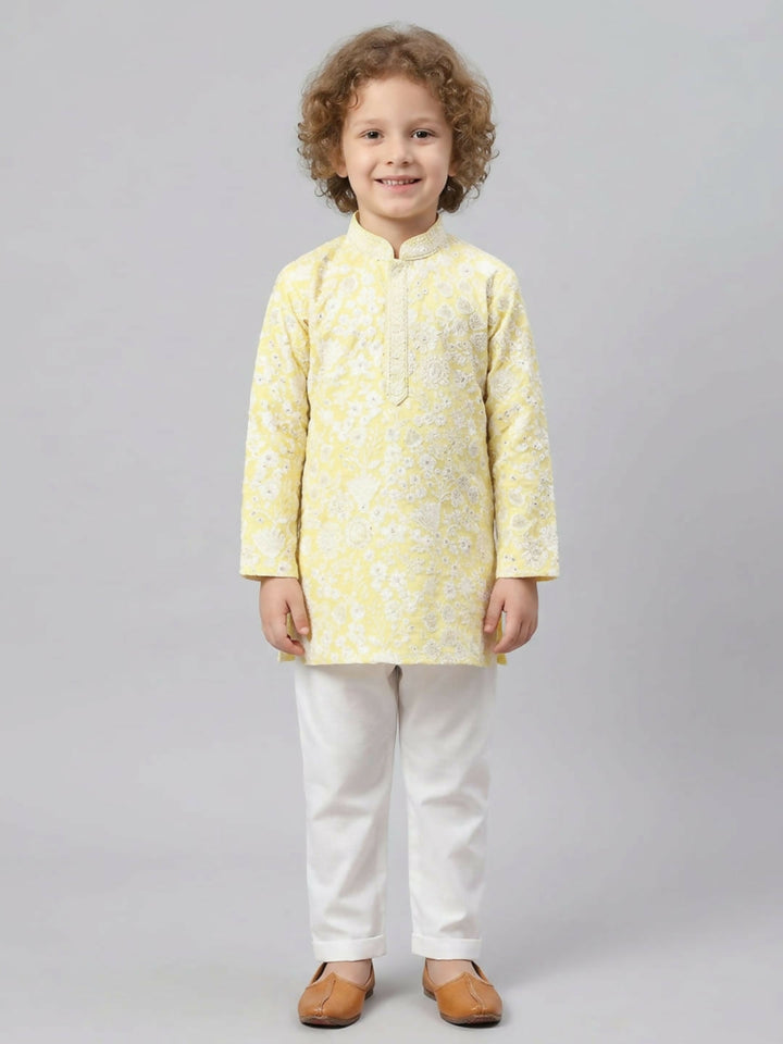 Boys Embroidered Light Yellow Kurta Pajama Set | SHOBITAM