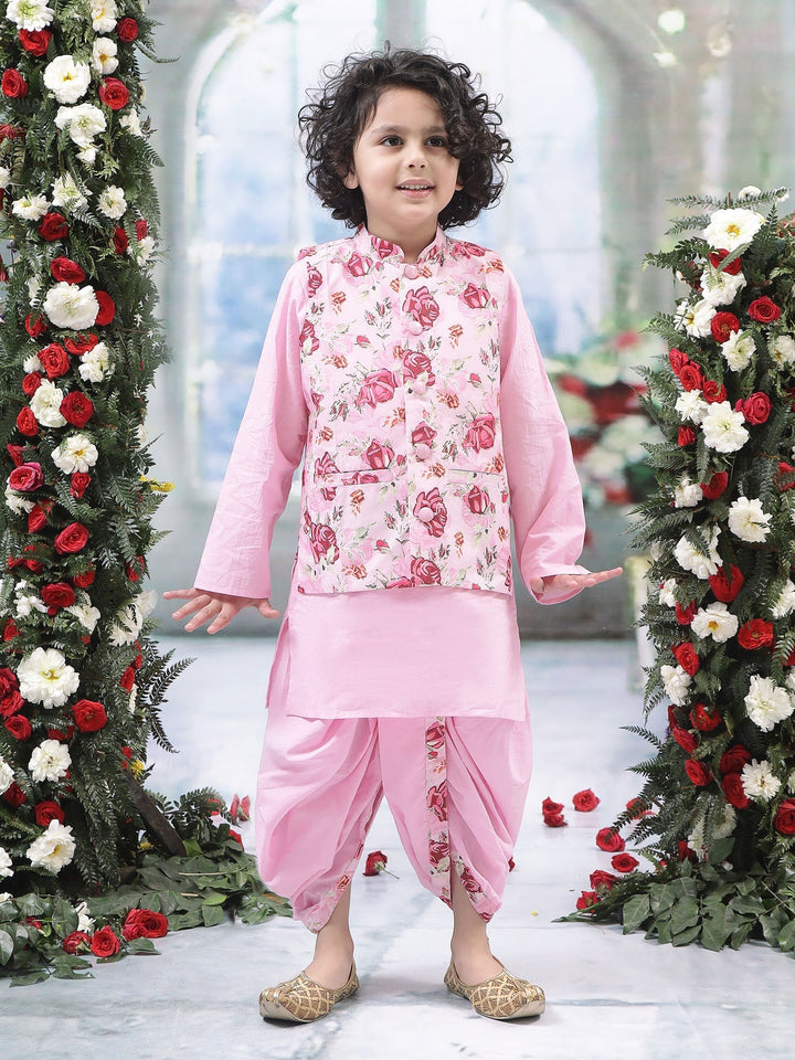 Pink Rose Nehru Jacket with Cotton Kurta Dhoti Set | SHOBITAM