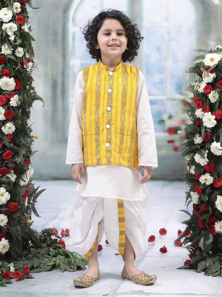 Yellow Ikat Nehru Jacket with Cotton Kurta Dhoti Set | SHOBITAM