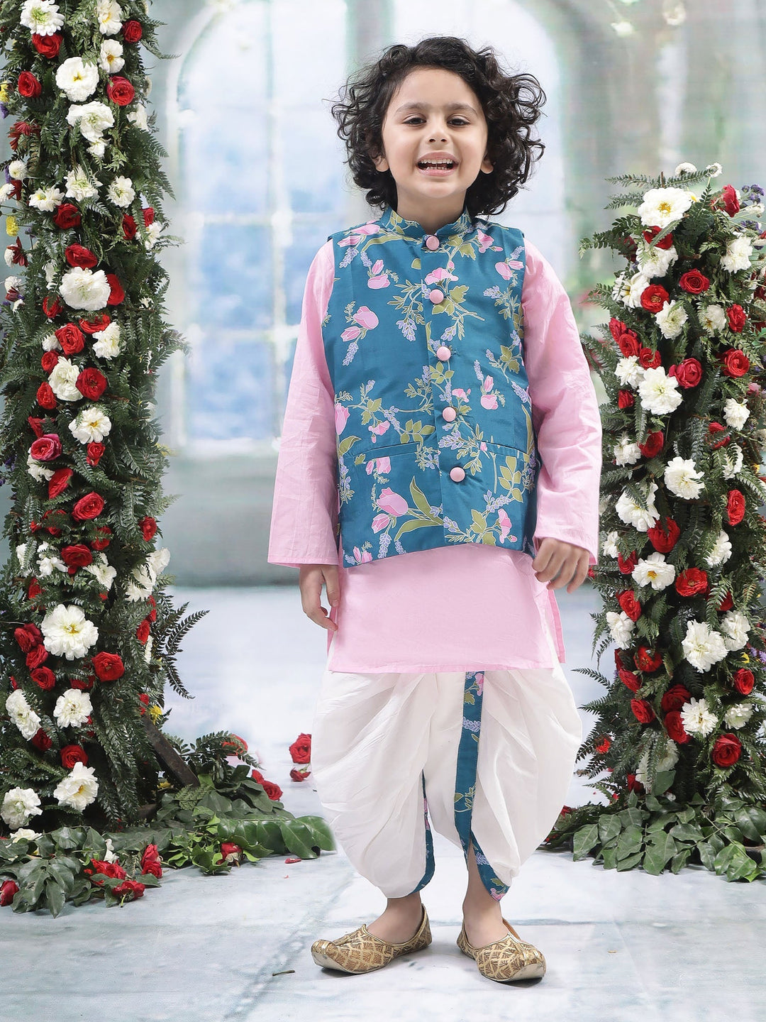 Turquoise Green Floral Nehru Jacket with Cotton Kurta Dhoti Set | SHOBITAM