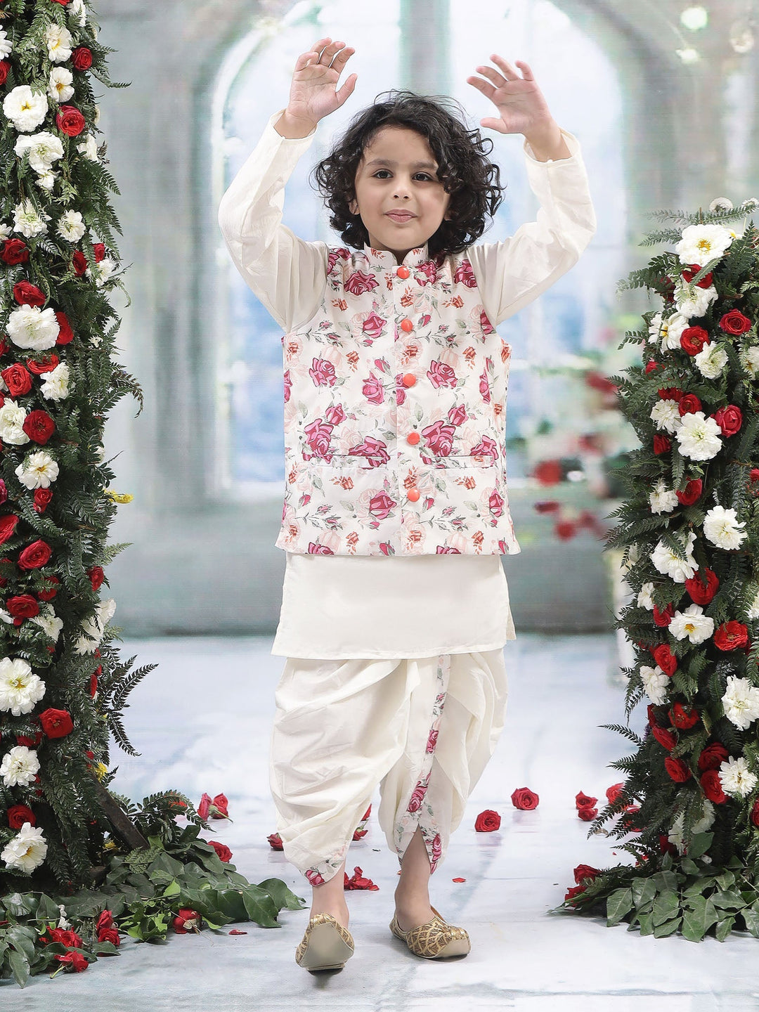 Cream Rose Nehru Jacket with Cotton Kurta Dhoti | SHOBITAM