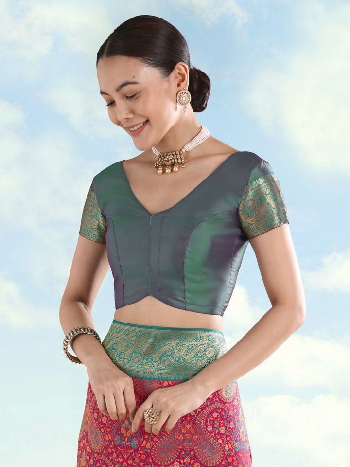 Rani pink Banarasi Semi Silk Saree With Traditional Paisley Weaves | SHOBITAM