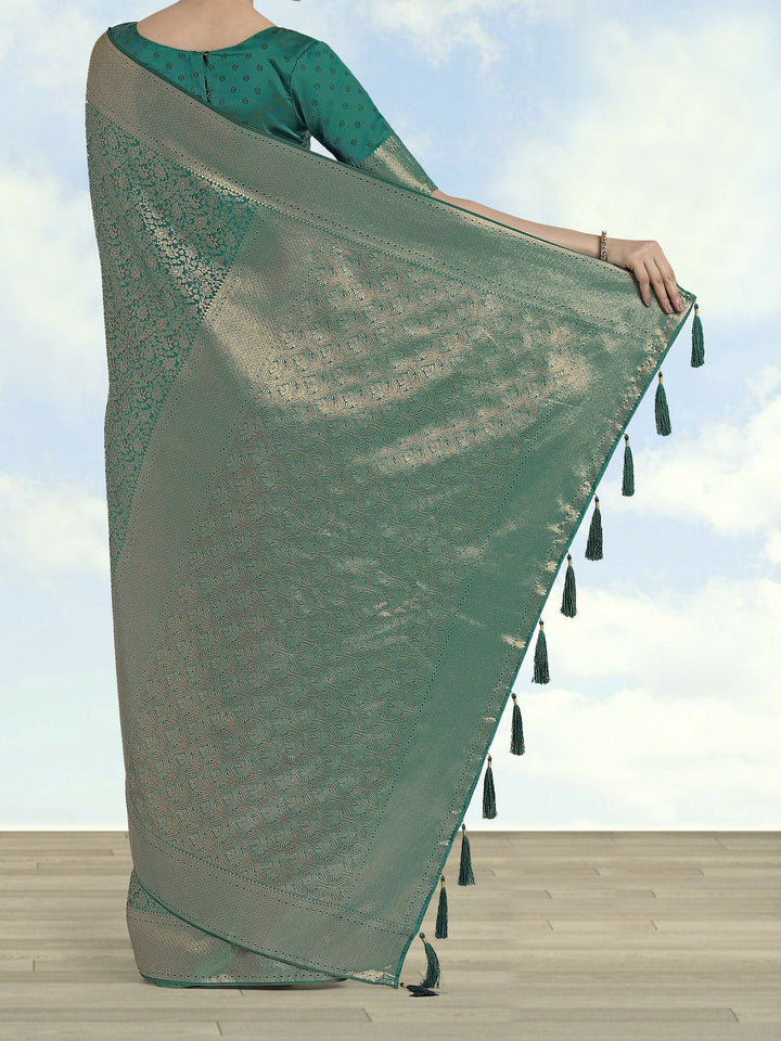Teal Color Baanrasi Satin Silk Saree | SHOBITAM