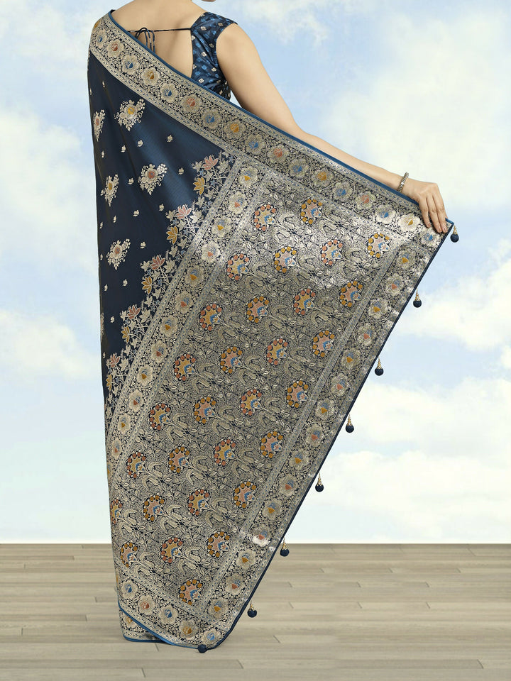 Dark Teal Zari Woven Banarasi Satin Silk Saree | SHOBITAM