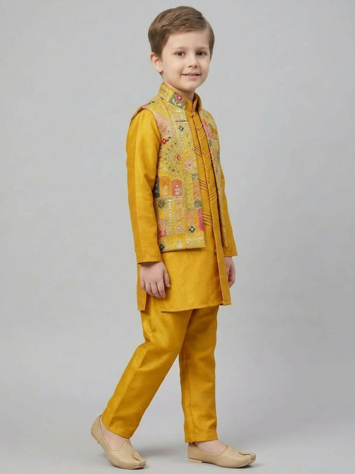 Boys Mustard Kurta Pajama Set with Printed Nehru Jacket | SHOBITAM