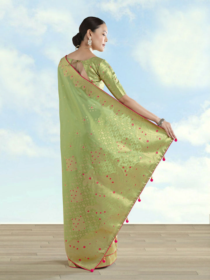 Parrot Green Color Paisley Zari Woven Semi Banarasi Tissue Silk Saree | SHOBITAM