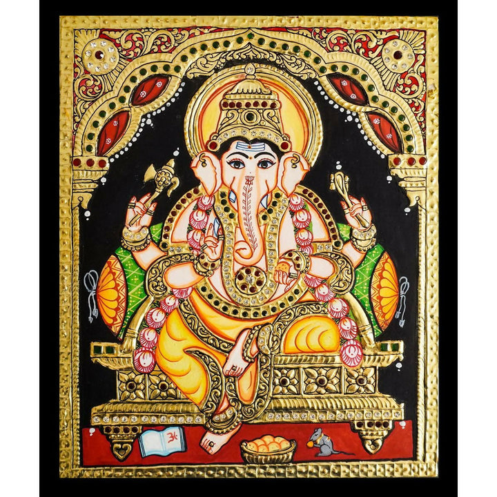12x10" Ganesha Tanjore Painting, Authentic with 22 Ct Gold Foil and Jaipur Gemstones, Unframed | SHOBITAM