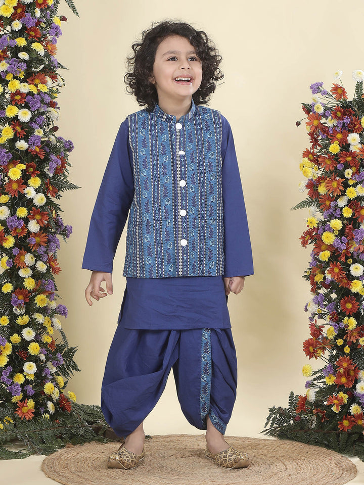 Blue Indigo Floral Bloom Nehru Jacket with Cotton Kurta Dhoti Set | SHOBITAM