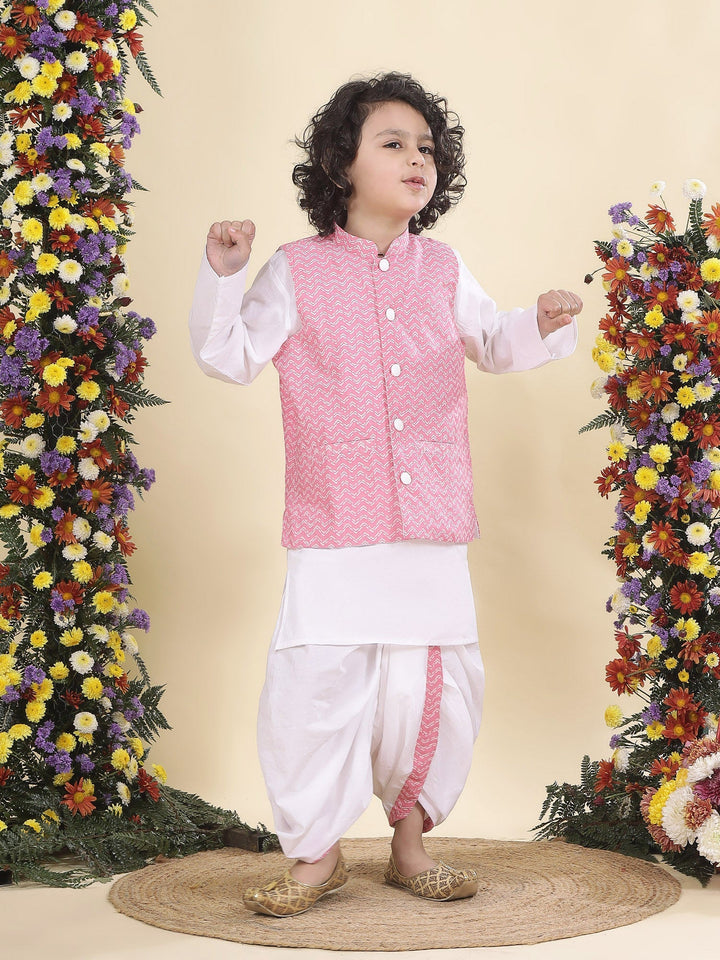 Pink Chevron Nehru Jacket with White Cotton Kurta Dhoti Set | SHOBITAM