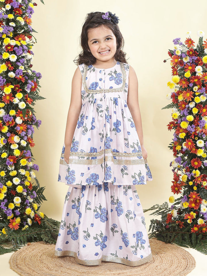 Baby Pink Floral Muslin Kurta with Sharara Set | SHOBITAM