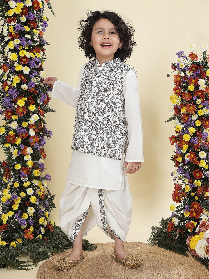 Brown Floral Nehru Jacket with White Cotton Kurta Dhoti set | SHOBITAM