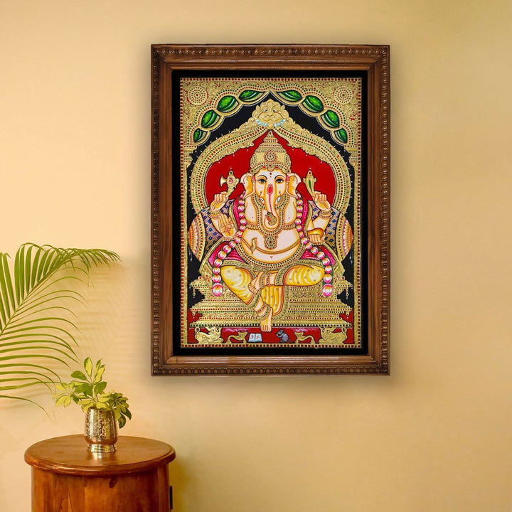 24*36 Authentic TANJORE PAINTING YELLOW DHOTHI GANESHA With 22 Ct gold Foil and Jaipur Gemstones,Unframed | SHOBITAM