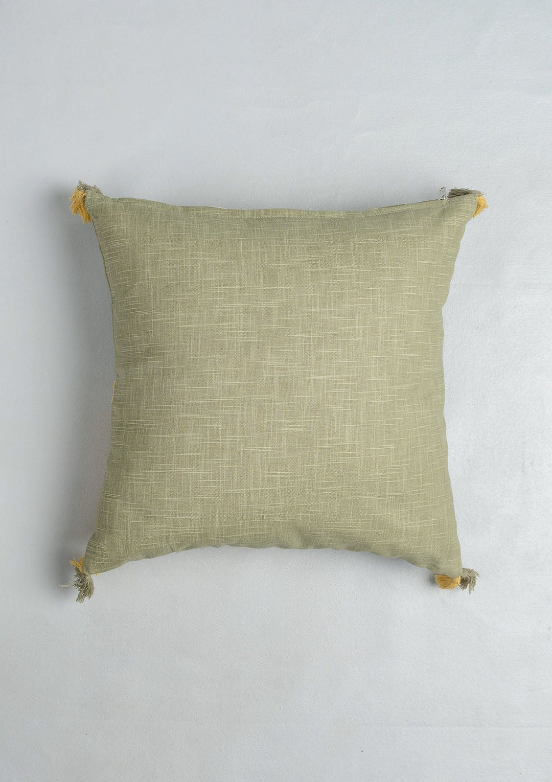 Zenith Yellow Printed Geometric Cushion Cover for Sofa with Tassel – 100% Cotton 16" x 16" | SHOBITAM