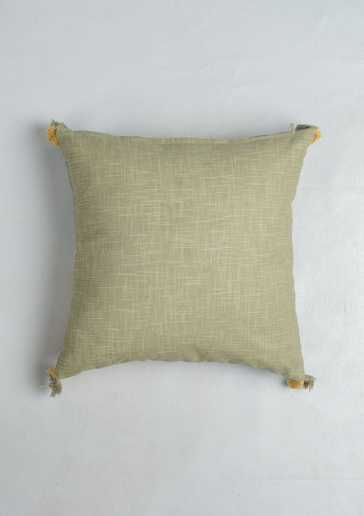 Zenith Yellow Printed Geometric Cushion Cover for Sofa with Tassel – 100% Cotton 16" x 16" | SHOBITAM