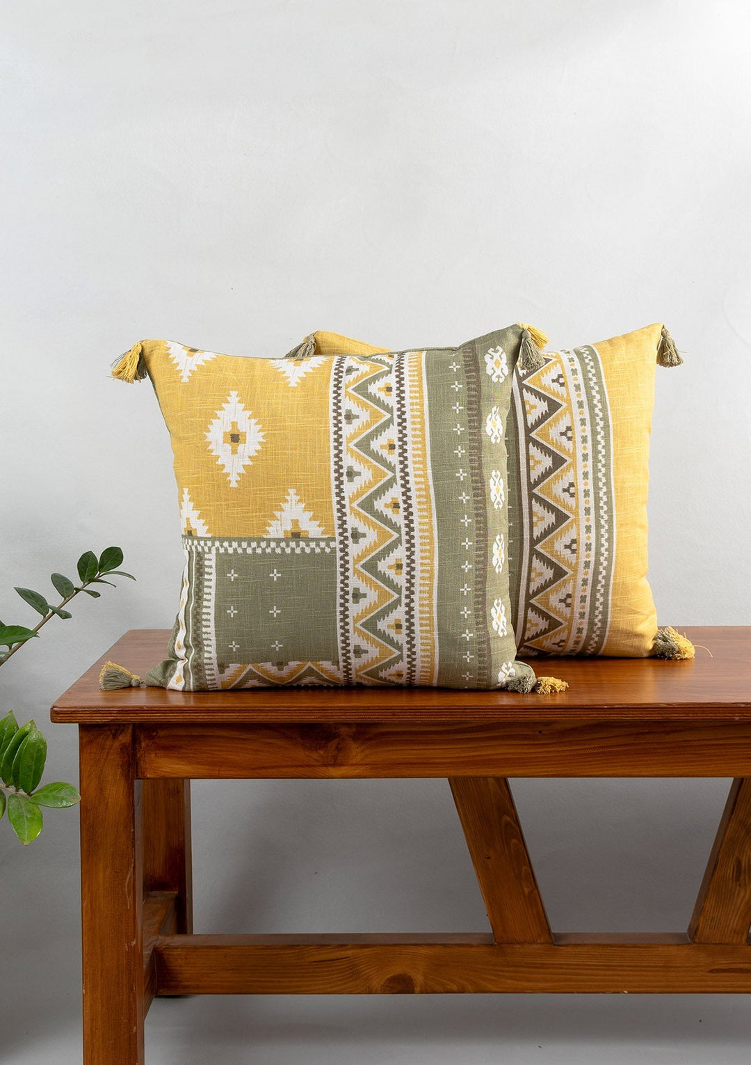 Zenith Yellow Printed Geometric Cushion Cover for Sofa with Tassel – 100% Cotton 16" x 16" | SHOBITAM