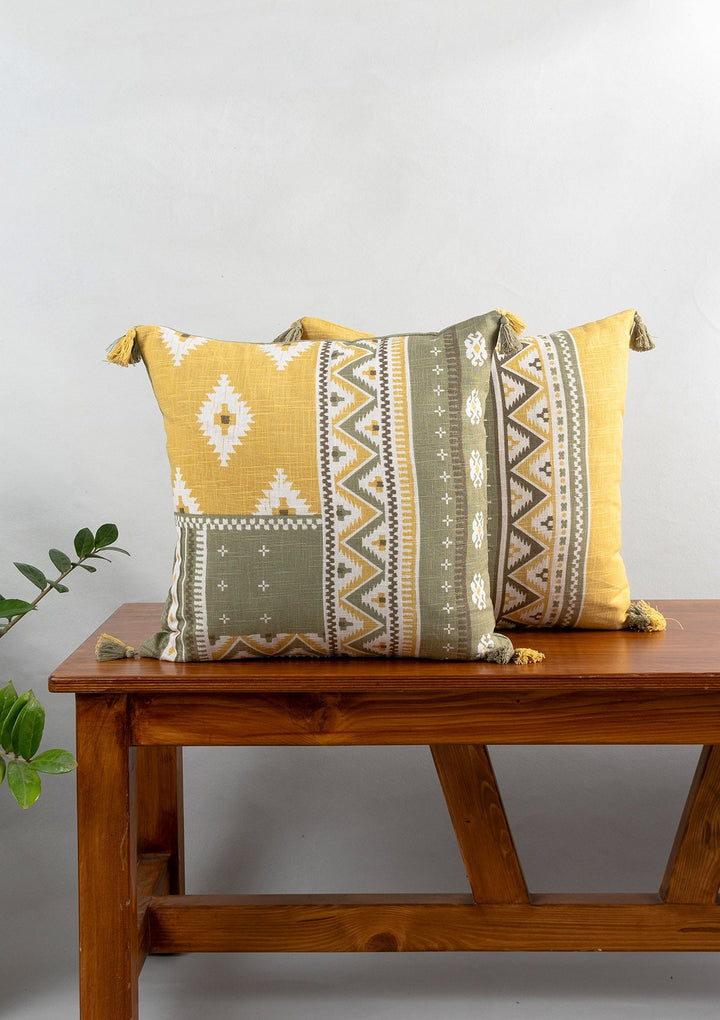 Zenith Yellow Printed Geometric Cushion Cover for Sofa with Tassel – 100% Cotton 16" x 16" | SHOBITAM