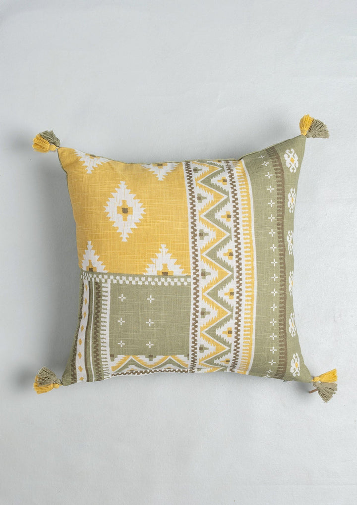 Zenith Yellow Printed Geometric Cushion Cover for Sofa with Tassel – 100% Cotton 16" x 16" | SHOBITAM