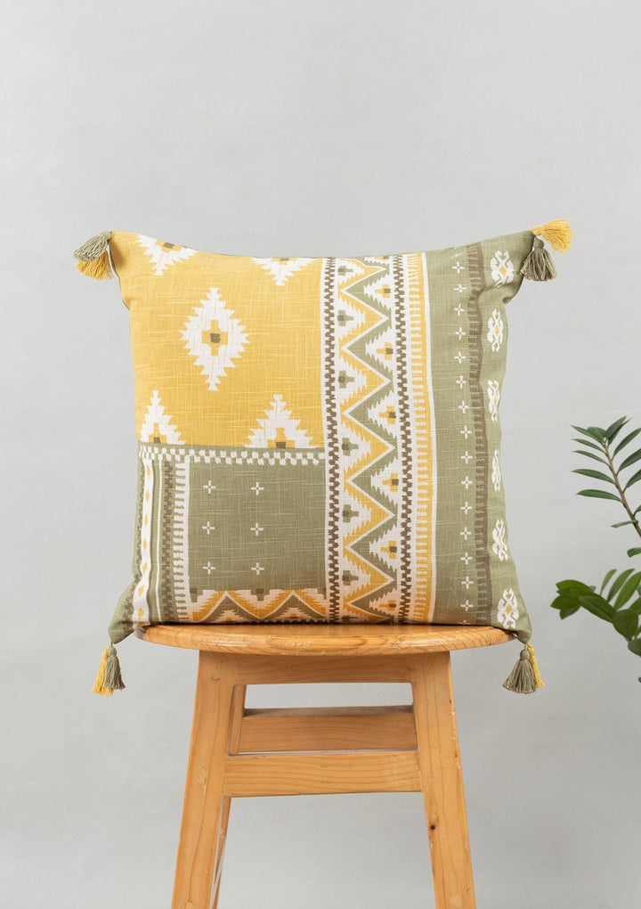 Zenith Yellow Printed Geometric Cushion Cover for Sofa with Tassel – 100% Cotton 16" x 16" | SHOBITAM