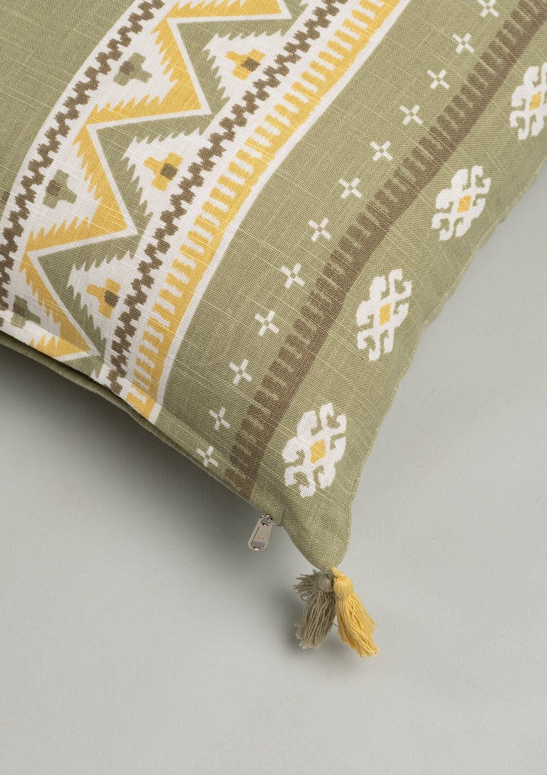 Zenith Yellow Printed Geometric Cushion Cover for Sofa with Tassel – 100% Cotton 16" x 16" | SHOBITAM