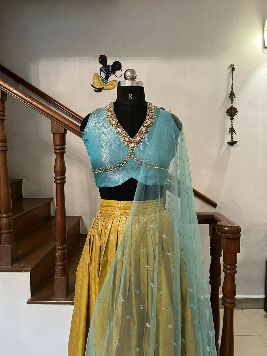 Mustard, yellow with Aqua blue Semi Kanchi lehanga Set