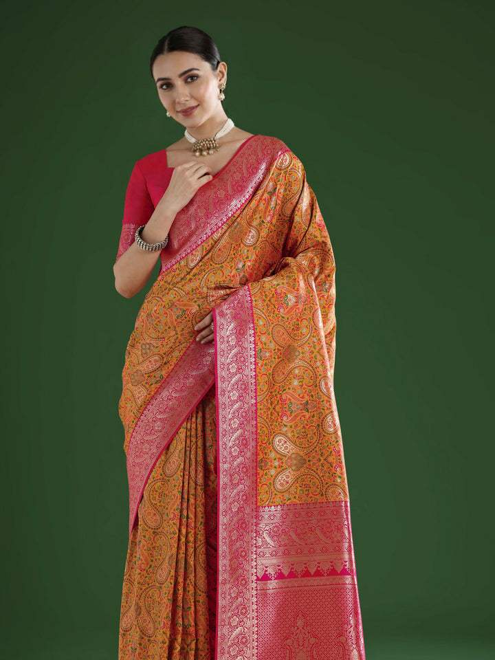 Mustard Banarasi Semi Silk Saree With Traditional Paisley Weaves | SHOBITAM