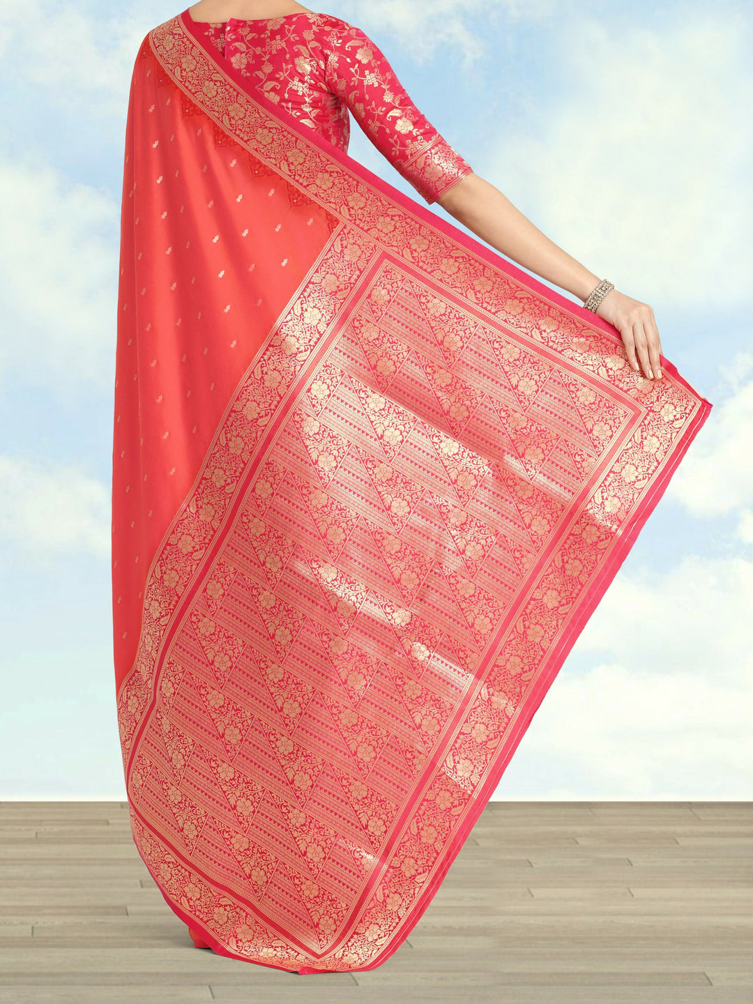 Semi Banarasi Silk Coral Pink Color Weaving Saree| Shobitam
