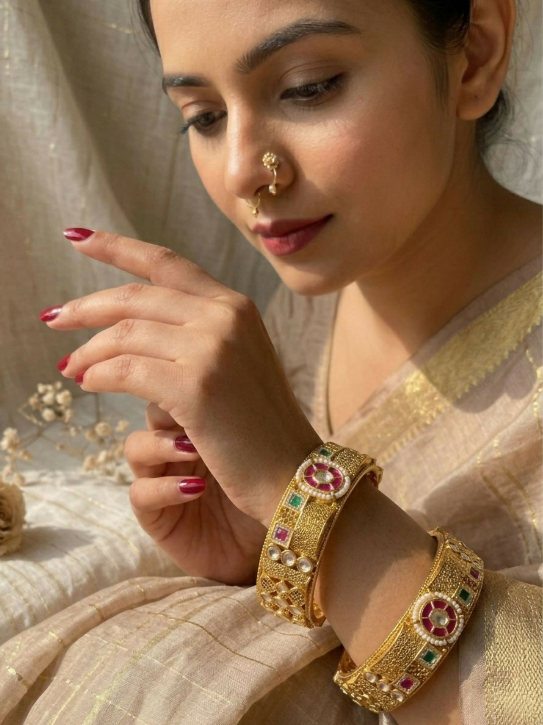 Multicolour Antique Gold Plated Jadau Polki Bangles | SHOBITAM