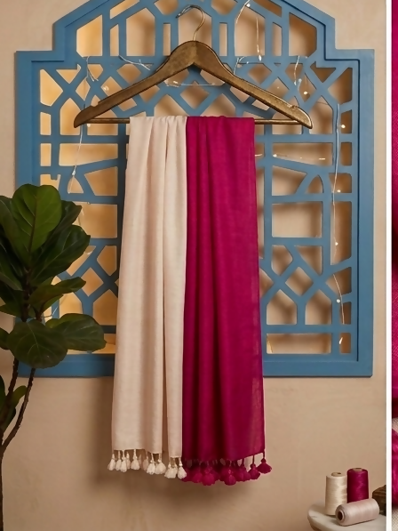 Color block Pink Marino wool handcrafted stole | SHOBITAM