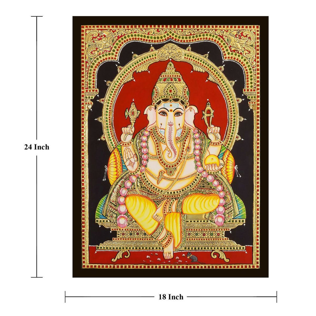 18*24 Authentic TANJORE PAINTING YELLOW DHOTHI GANESHA With 22 Ct gold Foil and Jaipur Gemstones,Unframed | SHOBITAM