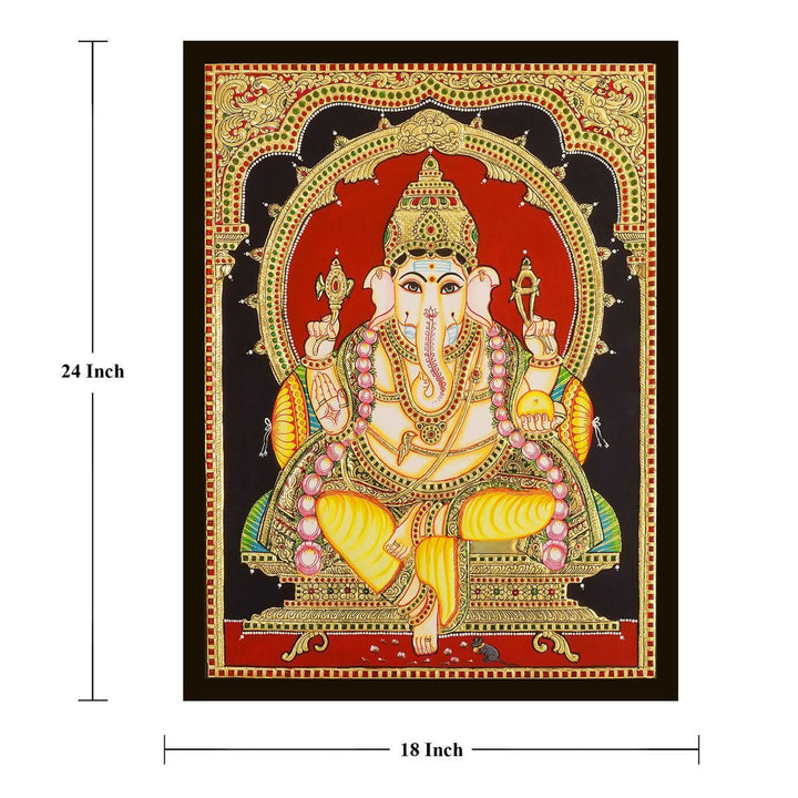 18*24 Authentic TANJORE PAINTING YELLOW DHOTHI GANESHA With 22 Ct gold Foil and Jaipur Gemstones,Unframed | SHOBITAM