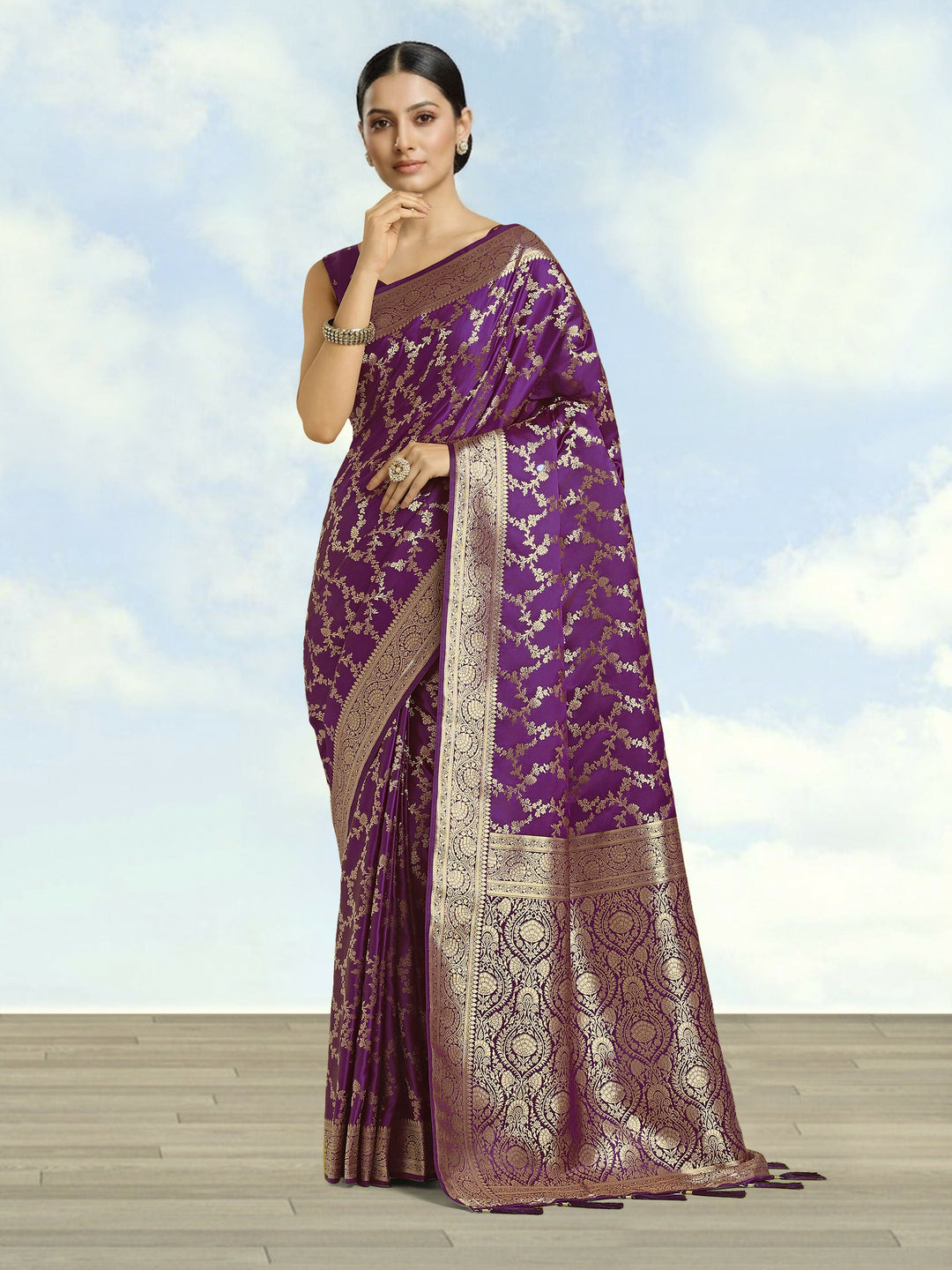 Purple Banarasi Satin Silk Golden Meenakari Work Saree | SHOBITAM