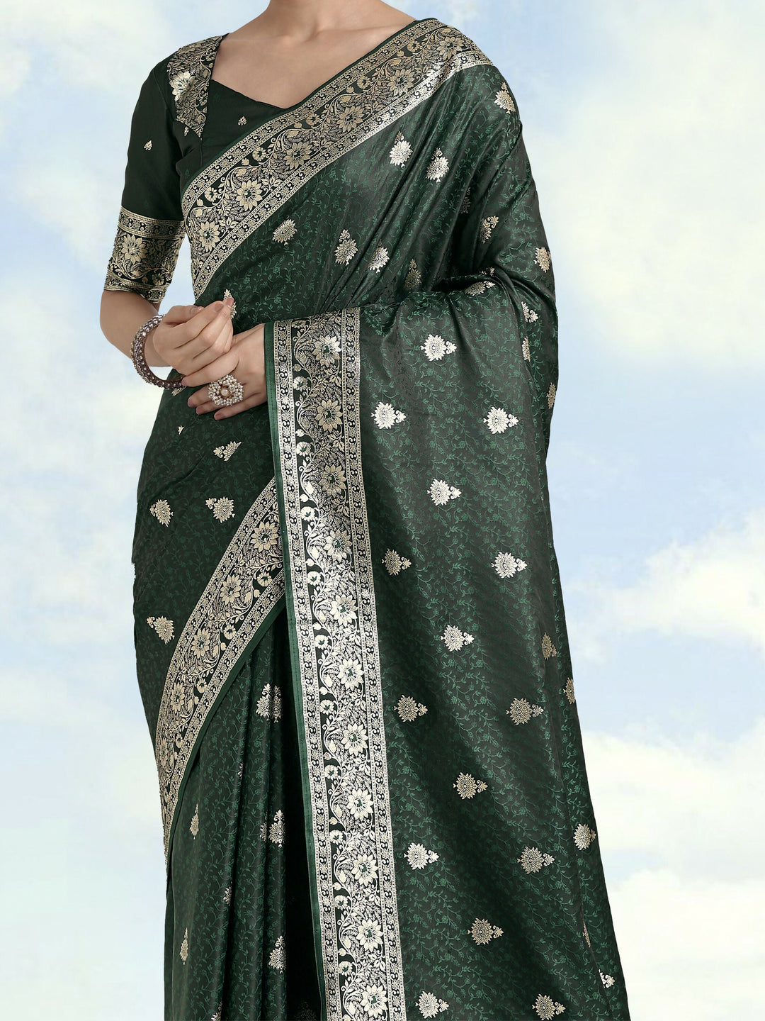 Dark Green Banarasi Satin Silk Saree | SHOBITAM