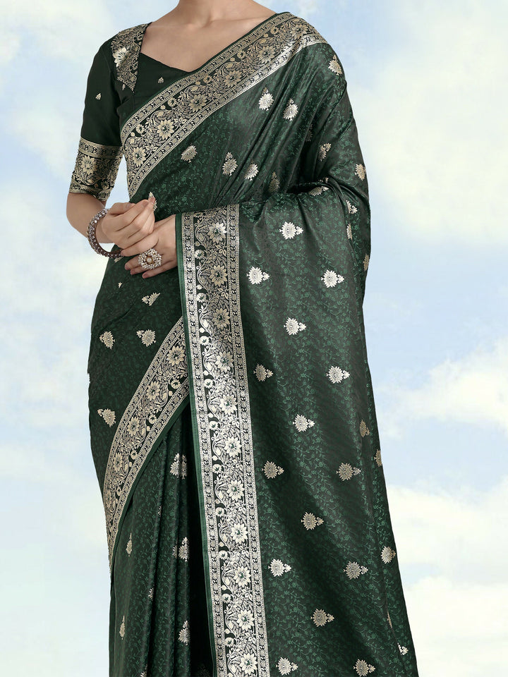 Dark Green Banarasi Satin Silk Saree | SHOBITAM