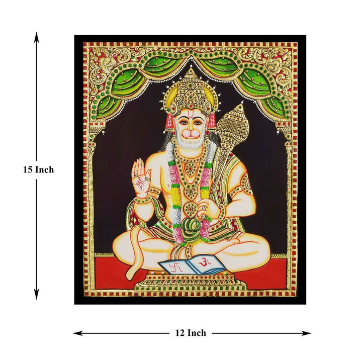 12*15 TANJORE PAINTING HANUMAN SITTING Authentic With 22 Ct Gold Foil and Jaipur Gemstones,Unframed | SHOBITAM