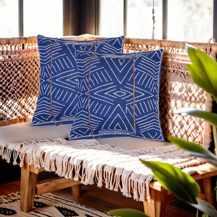 Navy White Kantha Cotton Sofa Cushion Cover - Pack of 1 | SHOBITAM