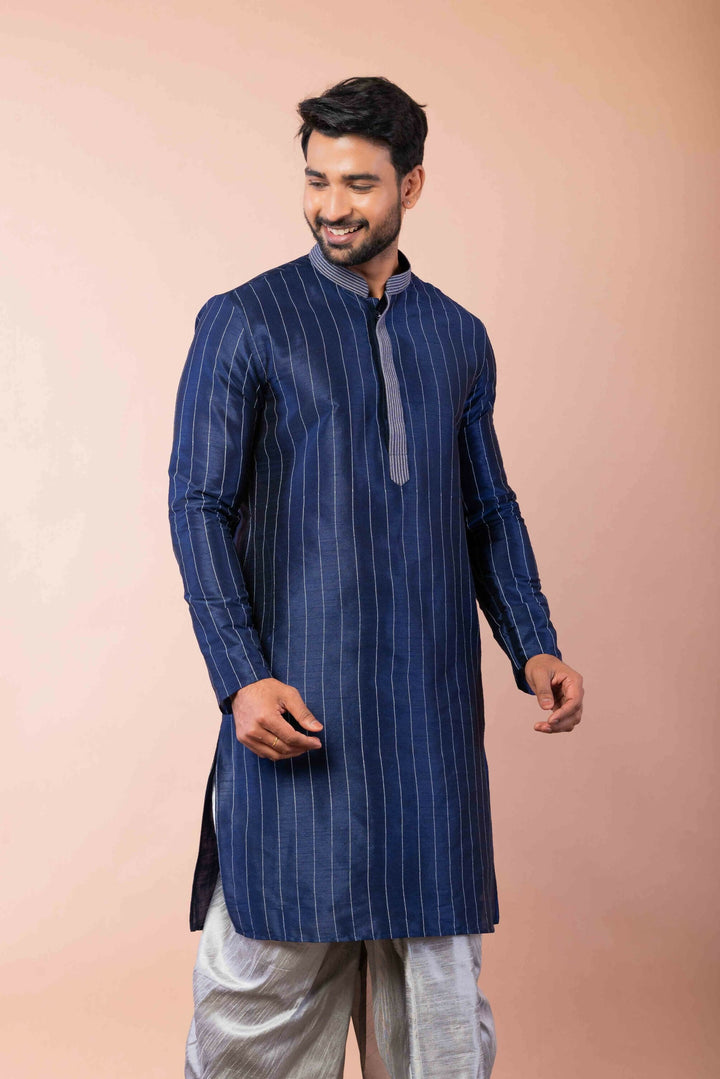 Prakatha Blue Silk Blend Kurta Dhoti Set For Men With Embroidered Work | SHOBITAM