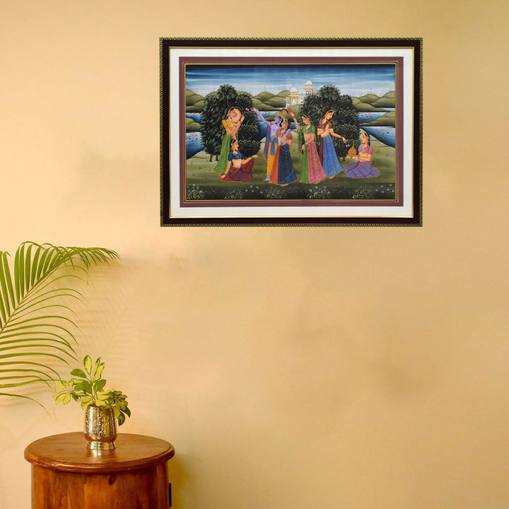 SILK PAINTING RADHA KRISHNA WITH GOPIKA 22*32*1 | SHOBITAM