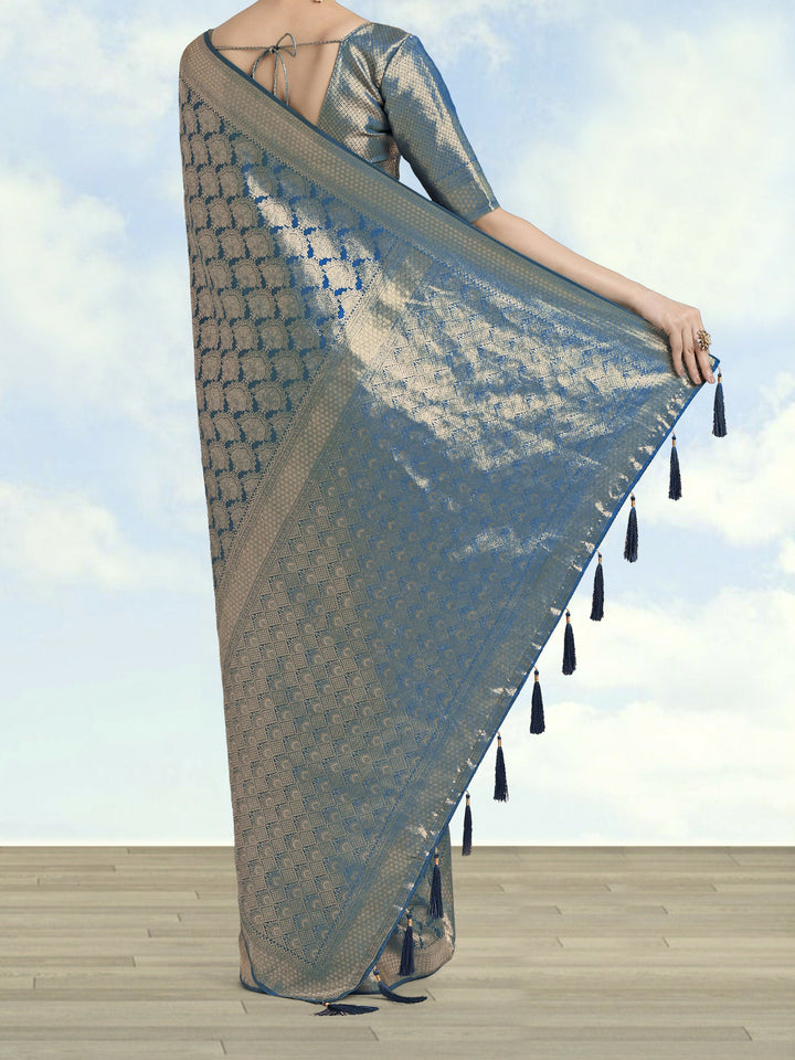 Cyan blue Banarasi Satin Silk Zari Weaving Work Saree | SHOBITAM