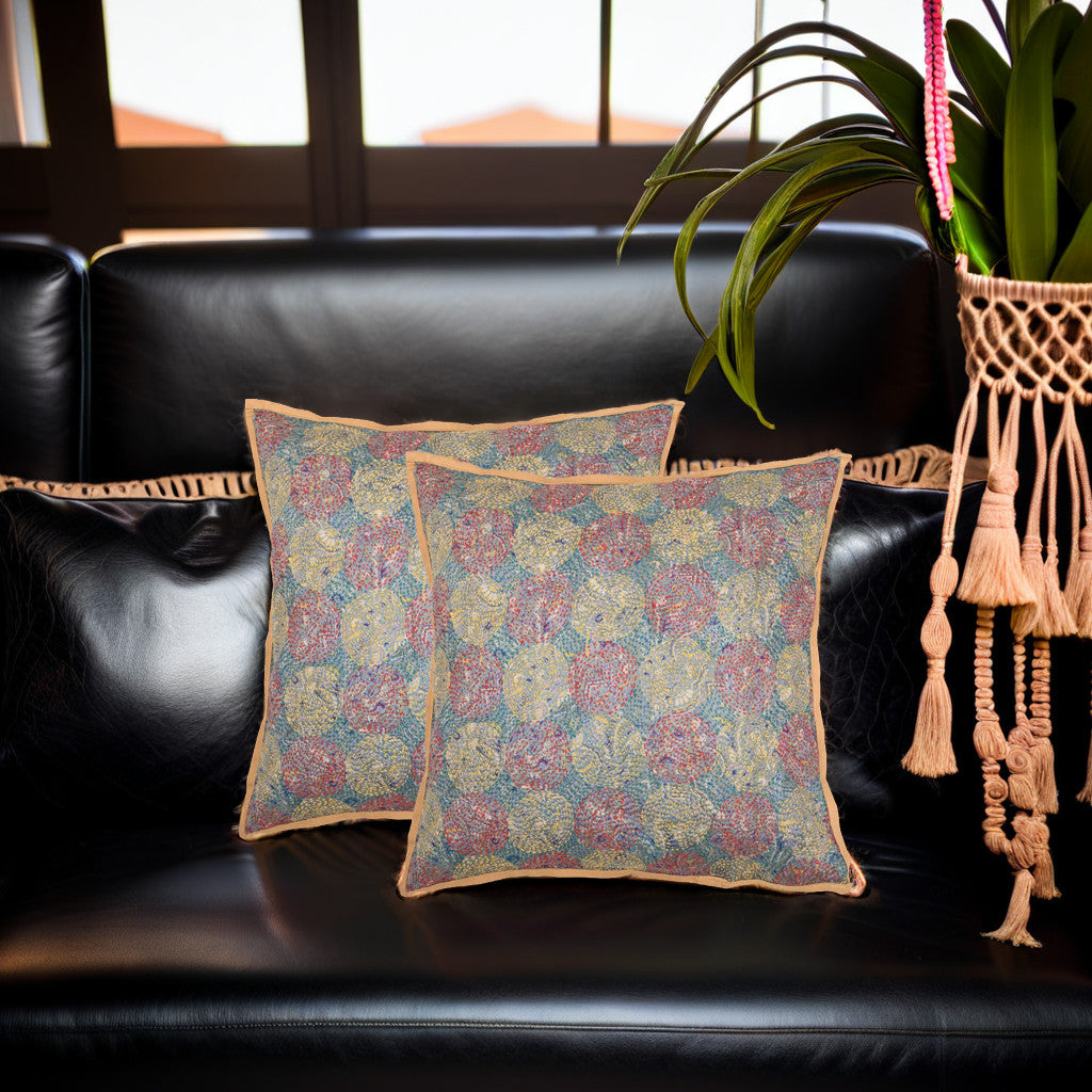 Grey Green Kantha Silk Reversible Cushion Cover - Pack of 1 | SHOBITAM
