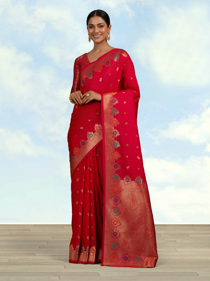Dark Pink Semi Banarasi Silk Blend Saree With Zari Woven Work | SHOBITAM