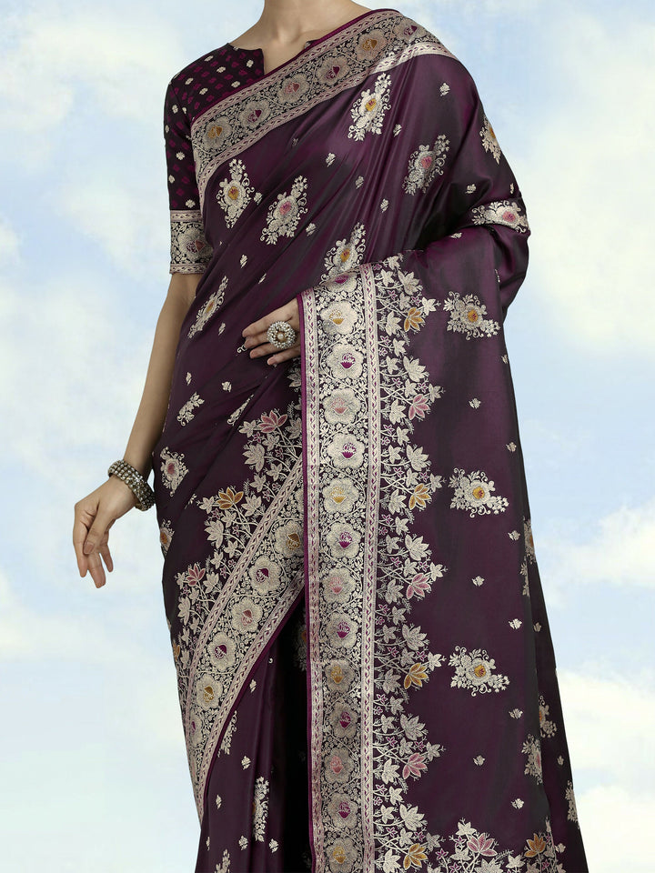 Dark Wine Zari Woven Banarasi Satin Silk Saree | SHOBITAM