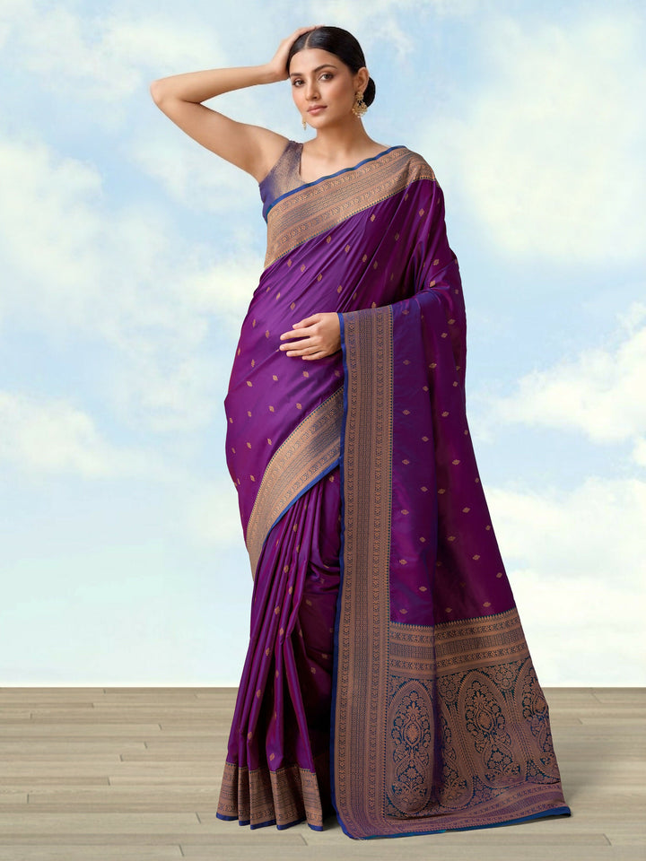 Dark Purple Banarasi Silk Blend Zari Work Saree | SHOBITAM