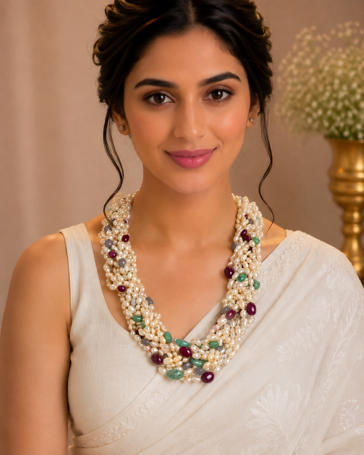 Triveni Ratna Pearl Mala- Ruby, Emerald and Tanzanite with Braided Pearls | SHOBITAM