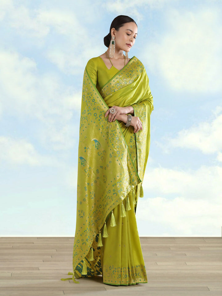 Pear Semi Banarasi Satin silk Saree With Zari Border And Butti Work | SHOBITAM