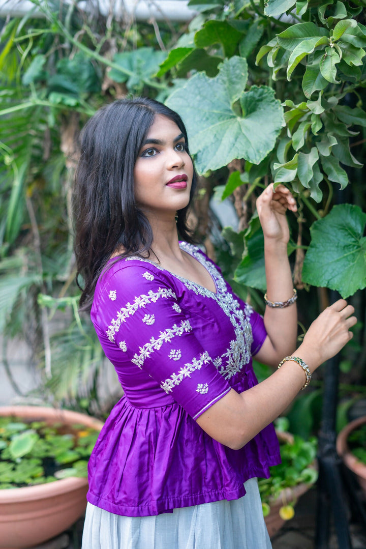 Rich Purple Raw Silk Peplum Blouse & Skirt | SHOBITAM