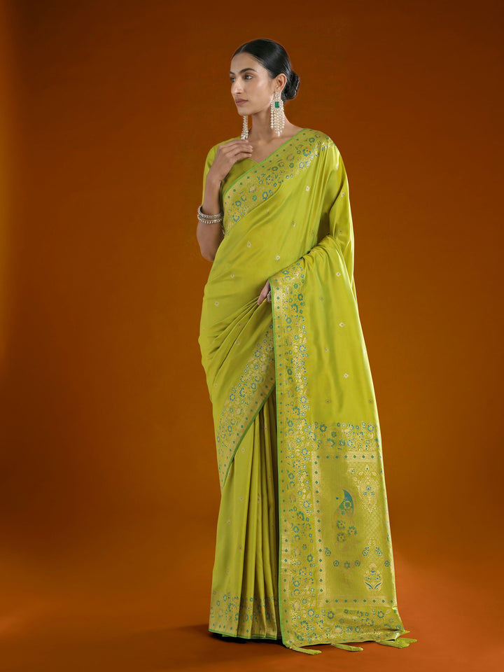 Pear Semi Banarasi Satin silk Saree With Zari Border And Butti Work | SHOBITAM