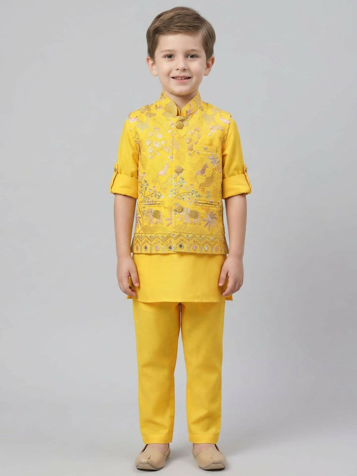 Boys Yellow Kurta Pajama Set with Embroidered Ethnic Jacket | SHOBITAM