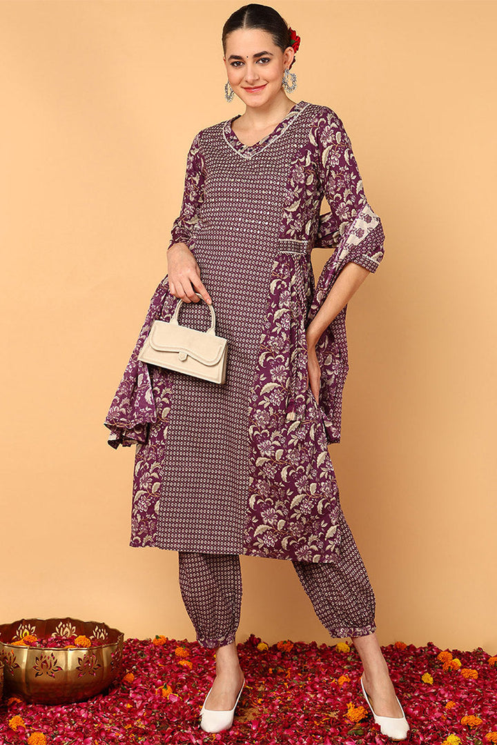Magenta Pure Cotton Floral Printed Flared Suit Set | SHOBITAM